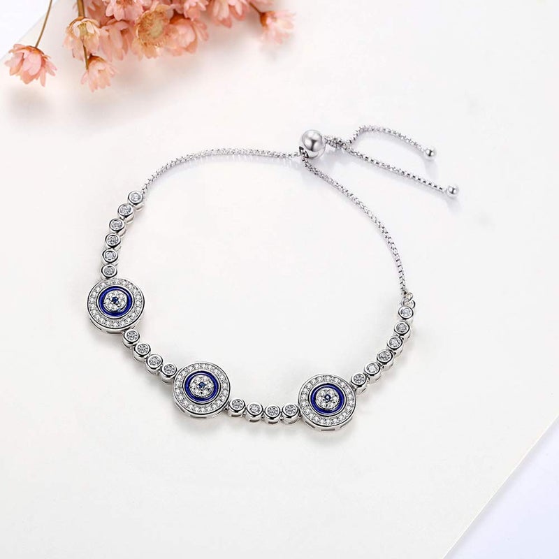 Kaletine Blue Evil Eyes Tennis Bracelet Nazar Amulet Sterling Silver Cubic Zirconia Chain Length Adjustable 4"-10" (Rhodium) - Image 5
